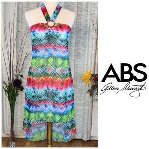 ABS (Allen B. Schwartz) multicolored asymmetrical tropical halter dress.